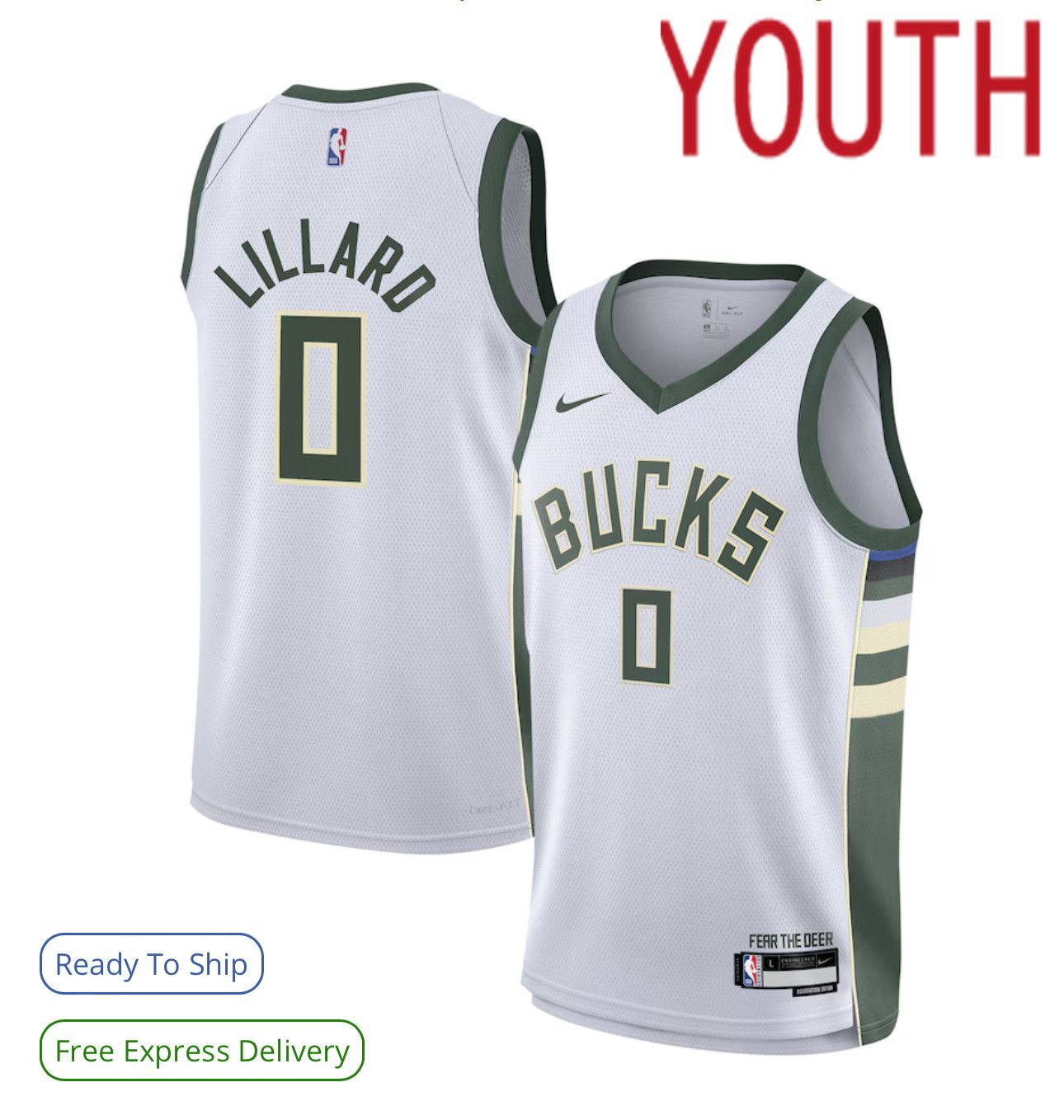 Youth Nike Milwaukee Bucks #0 Lillard white NBA Swingman Icon Edition  2024 Jersey